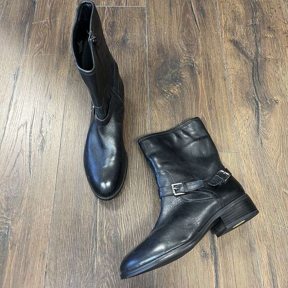 Lauren Ralph Lauren Women's Mesi Boot Size 9 Black Leather Moto Riding Bootie - Picture 1 of 7
